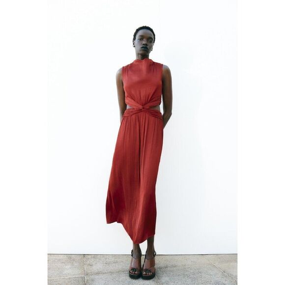Zara Dresses & Skirts - Zara Womens Midi Dress XL Terracotta Satin Effect Cut Out Side Slit 2842/945 NWT